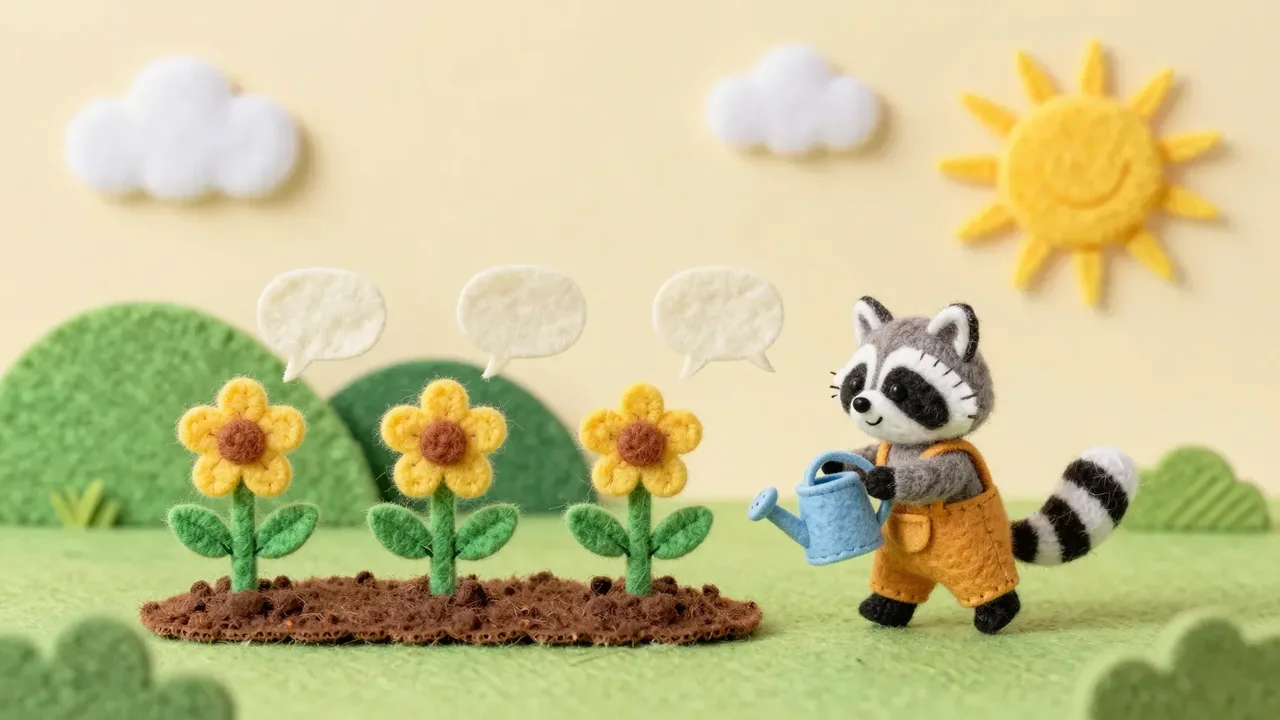 Three seedlings growing in a garden, each with a speech bubble holding a first word in a different language