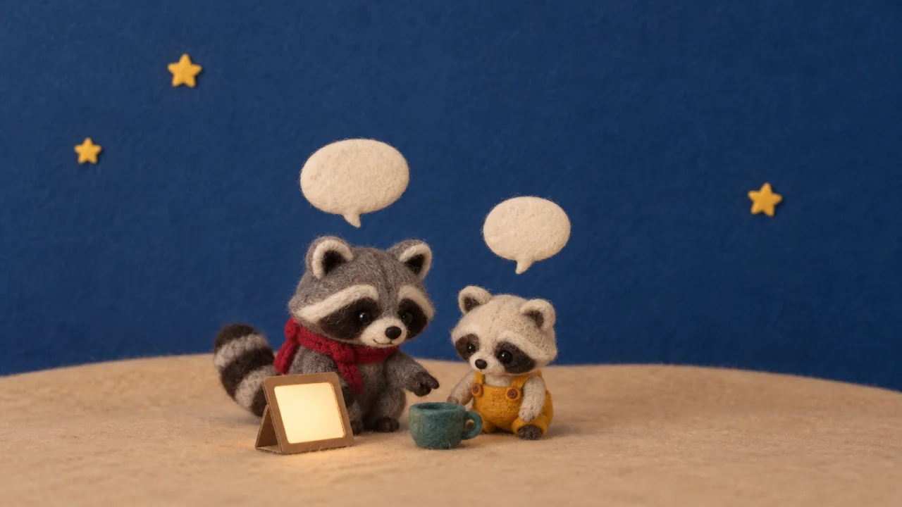 A small felt raccoon and a grown-up raccoon sitting together in front of a cardboard tablet