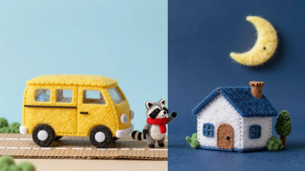 A school bus driving through a sunny morning on one side and a house under the moon in the evening on the other