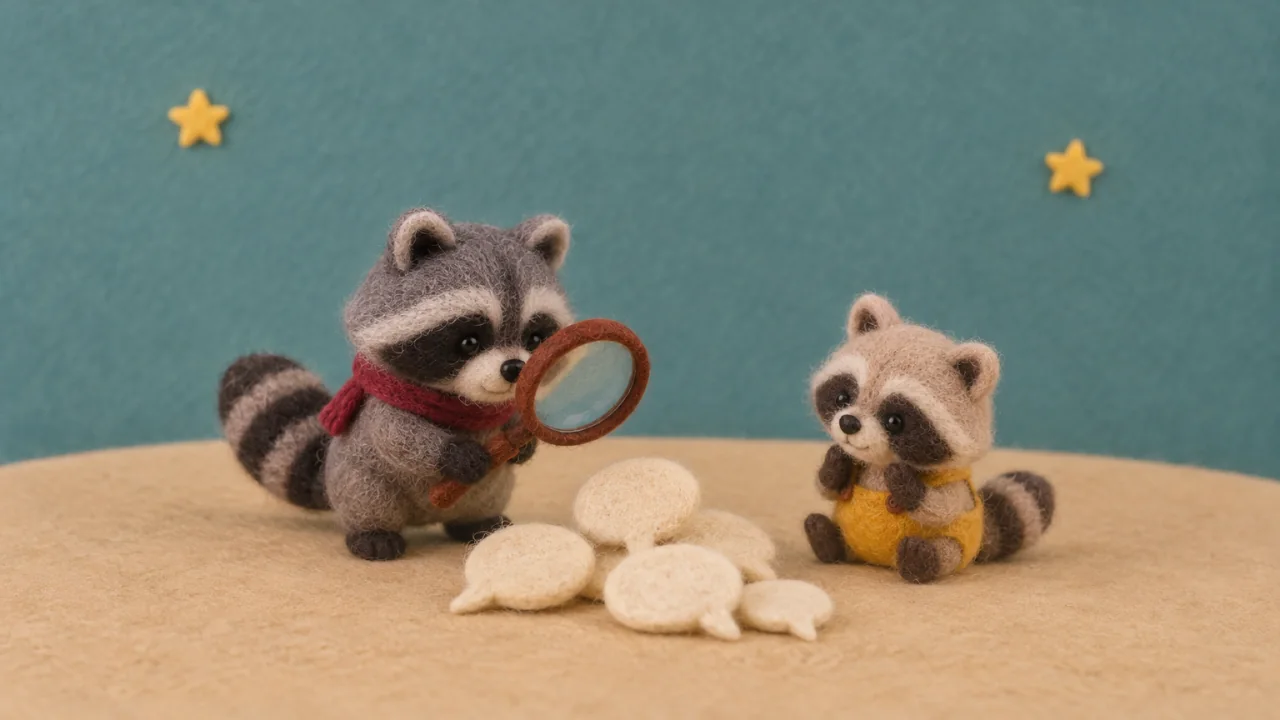 A felt raccoon holding a magnifying glass over a pile of speech bubbles