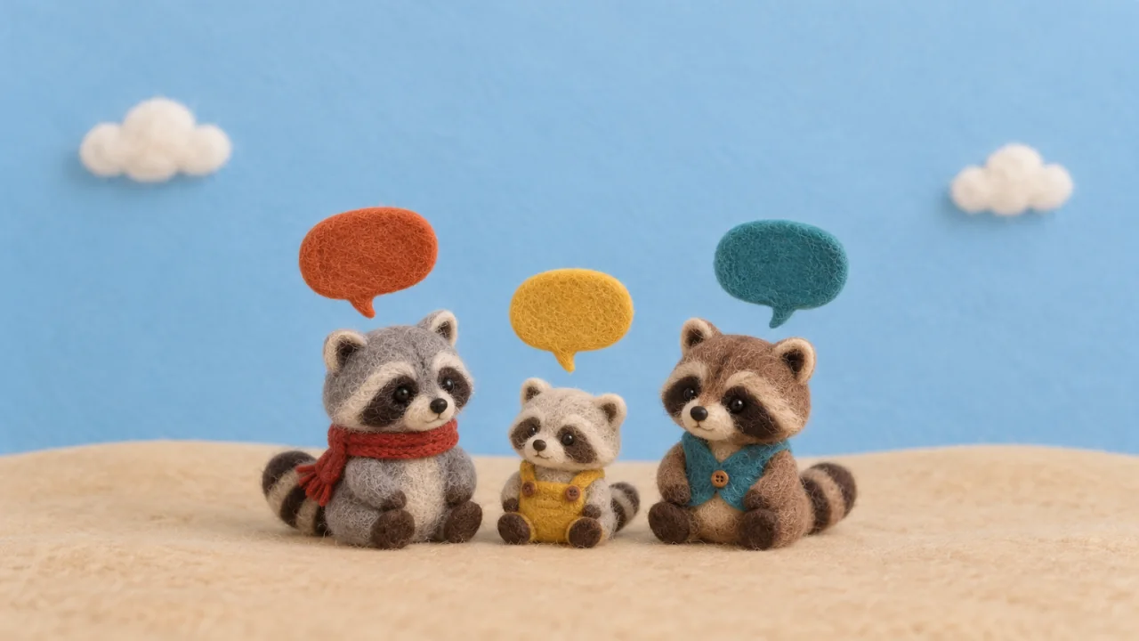 Three felt raccoons around a table, each with a speech bubble in a different colour