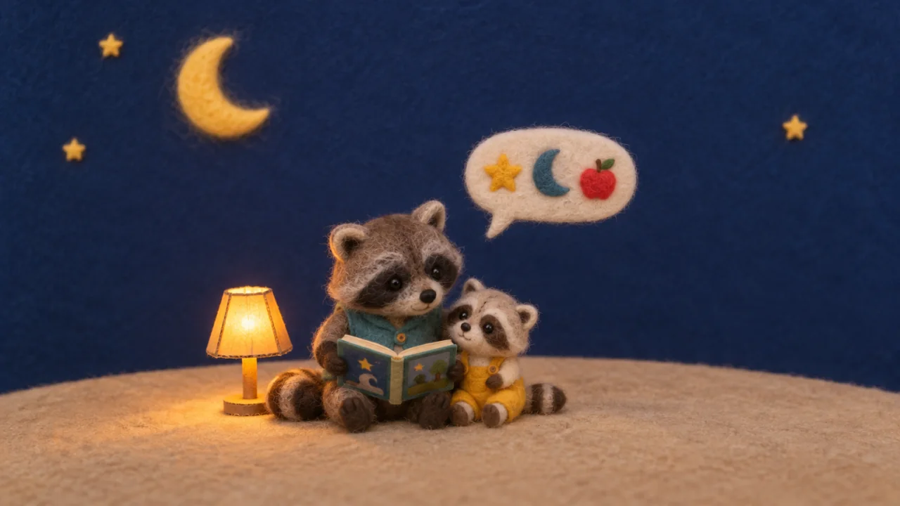 A felt raccoon parent telling a story to a small raccoon in a cosy chair, with a word bubble full of little pictures